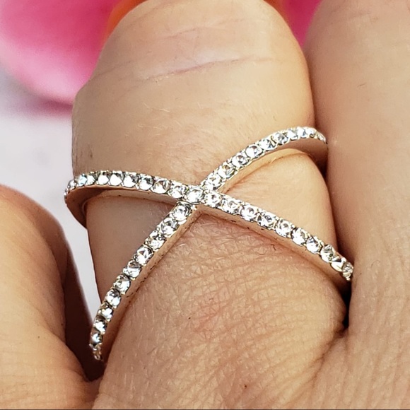 White Gold over alloy X Ring CZ cross band size 7.5 - Picture 7 of 8